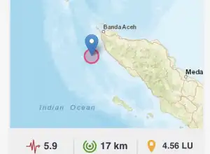 Gempa Magnitudo Berkekuatan 5,9 SR Guncang Aceh Jaya