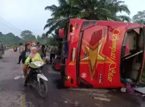 Bus Sempati Star Terbalik di Aceh Timur, Puluhan Penumpang Dilarikan ke Rumah Sakit