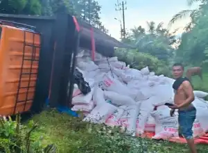 Truk Tronton Bawa Pupuk Subsidi Terjungkal di Aceh Tamiang