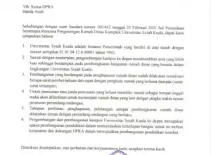Rektor USK Surati DPRA Terkait Pengosongan Rumah Dinas Dosen