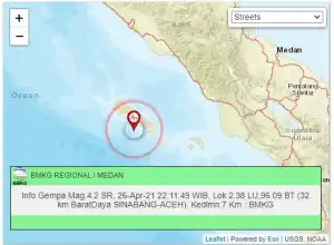 Gempa Berkuatan Magnitudo 4.2 di Sinabang Tak Dirasakan Warga