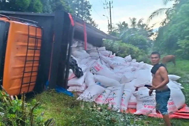Truk Tronton Bawa Pupuk Subsidi Terjungkal di Aceh Tamiang