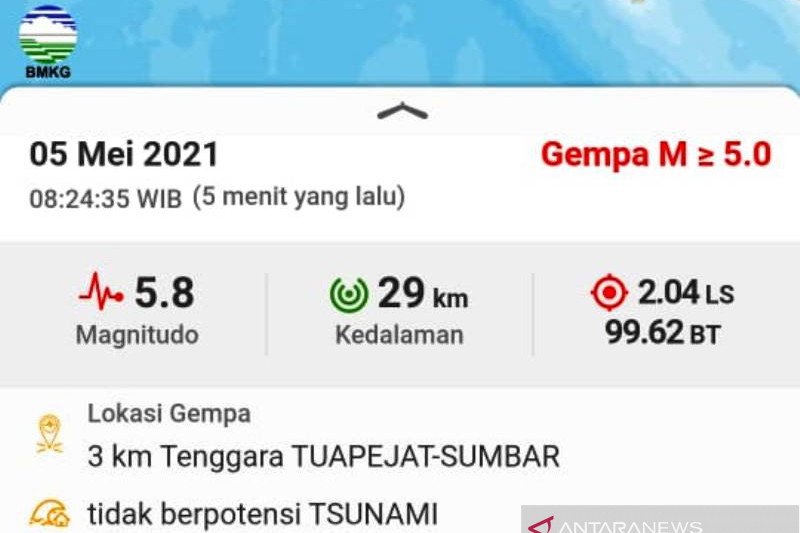 Gempa Magnitudo 5,8 di Mentawai Tak Berpotensi Tsunami