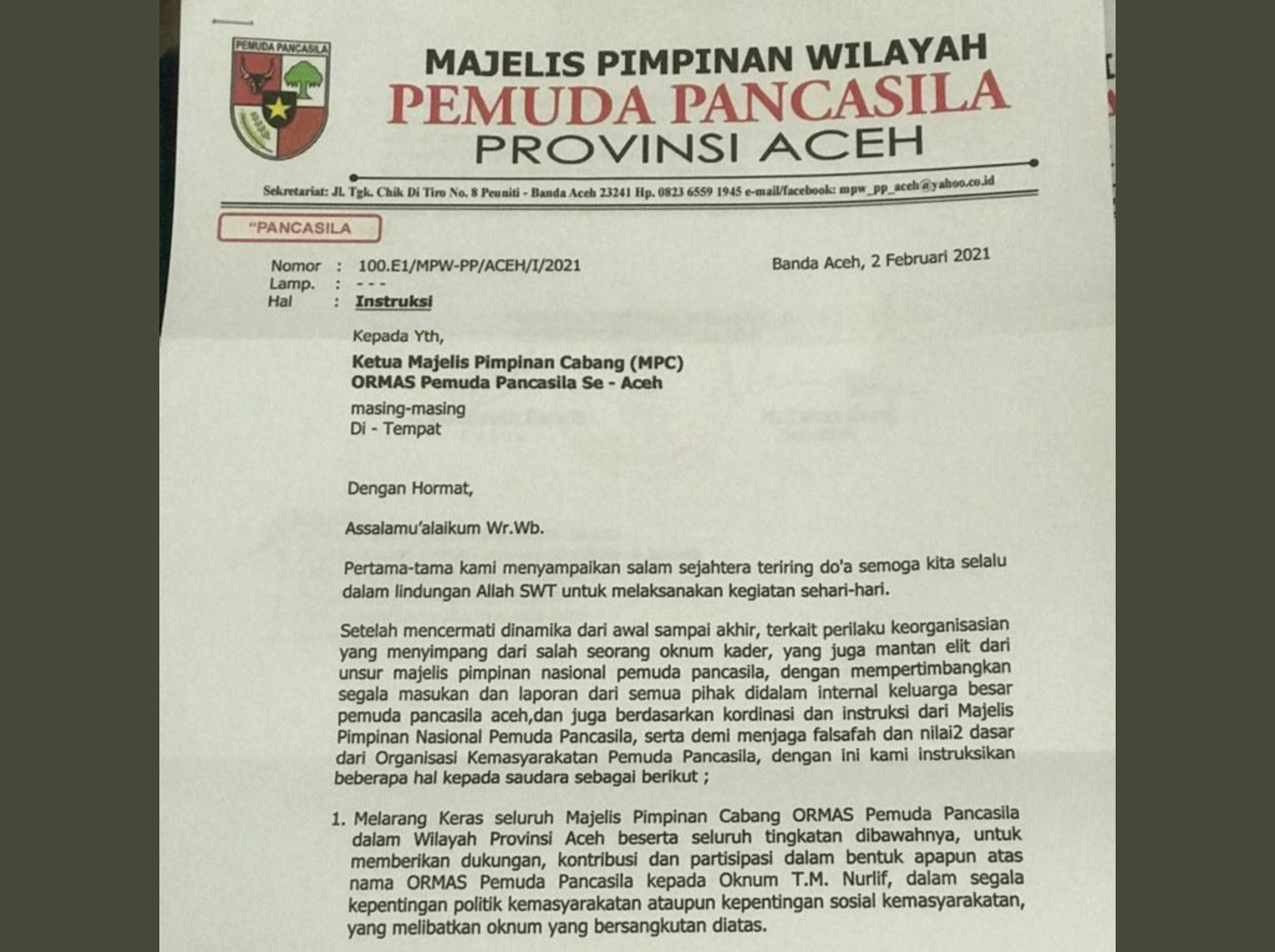 Beredar Larangan Mendukung TM Nurlif dari Pemuda Pancasila, Ada Apa?