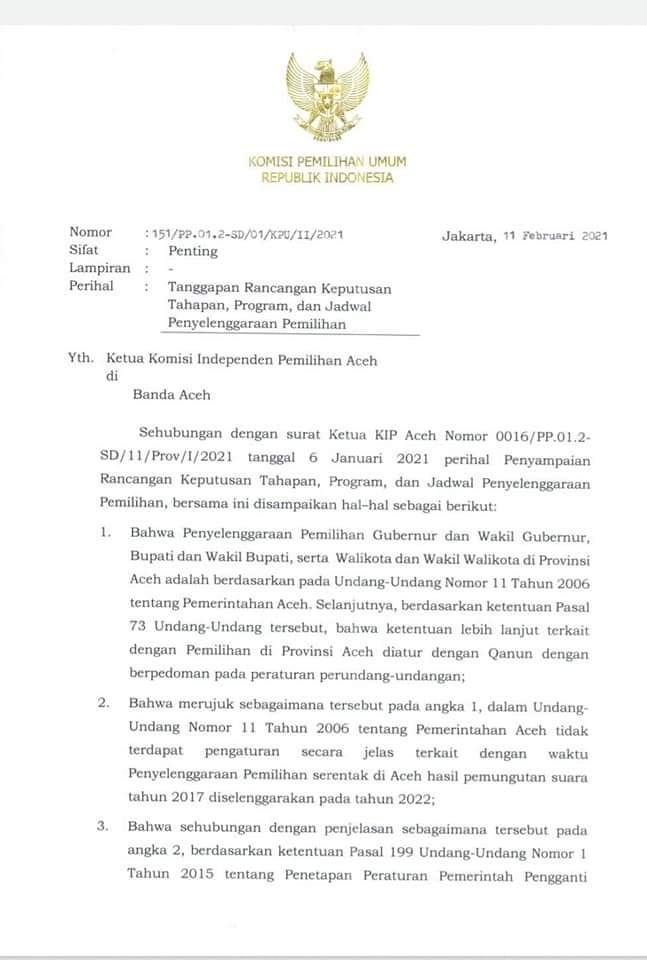 KPU Larang KIP Aceh Jalankan Tahapan Pilkada 2022